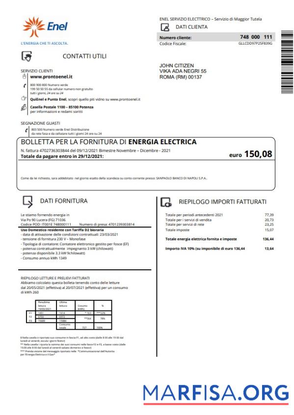 Printable Italy Enel electricity utility bill template in Word and PDF format